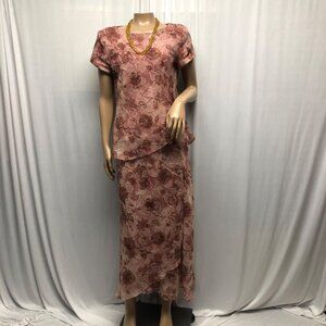 Miss Dorby Floral Two Piece Dress Womens Size 8  Pink Cream Top Skirt Vintage